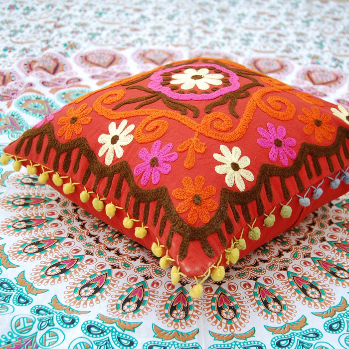 Suzani Embroidery Cushion Cover Pom Pom Pillows Boho-Craft Jaipur
