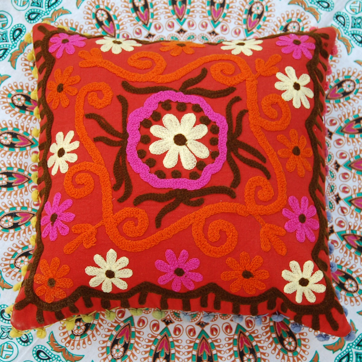 Suzani Embroidery Cushion Cover Pom Pom Pillows Boho-Craft Jaipur