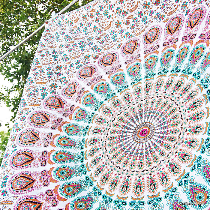 White Peacock Mandala Tapestry, Decor Wall Hanging Bedspread - Craft Jaipur